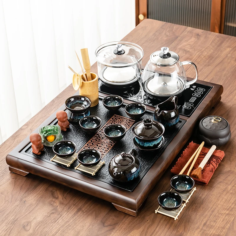 胤玺 整套茶具套装紫砂全自动一体式茶盘家用高档简约石茶台实木