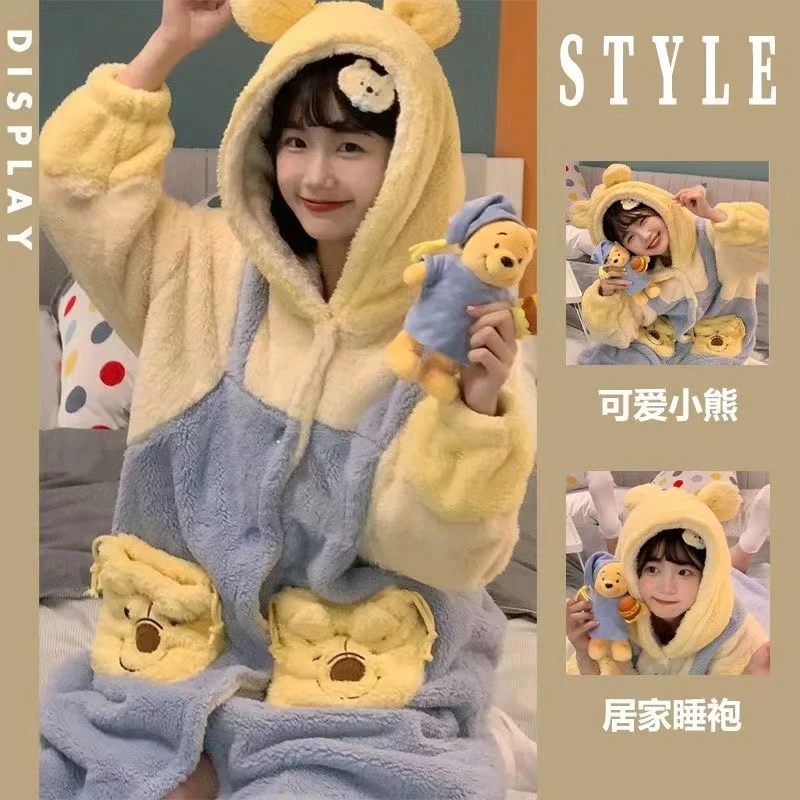 冬款季睡衣女可爱卡通维尼熊加绒加厚甜美保暖毛绒家居服可外穿