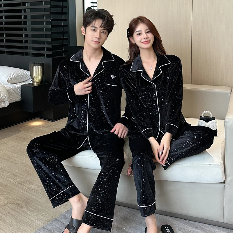秋冬季睡衣女气质轻奢风网红满天星金丝绒长袖翻领情侣家居服套装