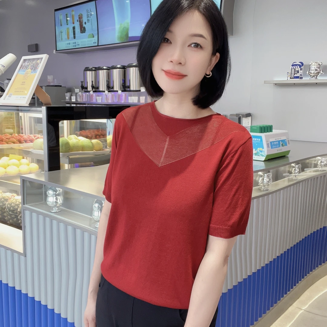 【白云家专属】夏季新款096冰丝短袖纯色镂空洋气薄款气质百搭上衣