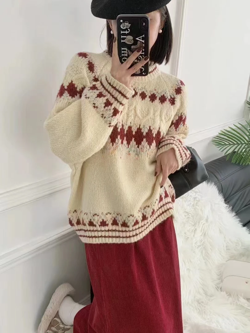 秋冬新款毛衣费尔岛慵懒风宽松提花毛衣开衫