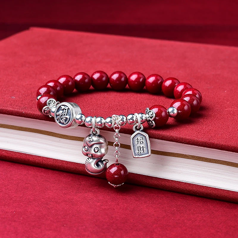 天然辰砂天然朱砂Y16足银蛇手链女士新中式