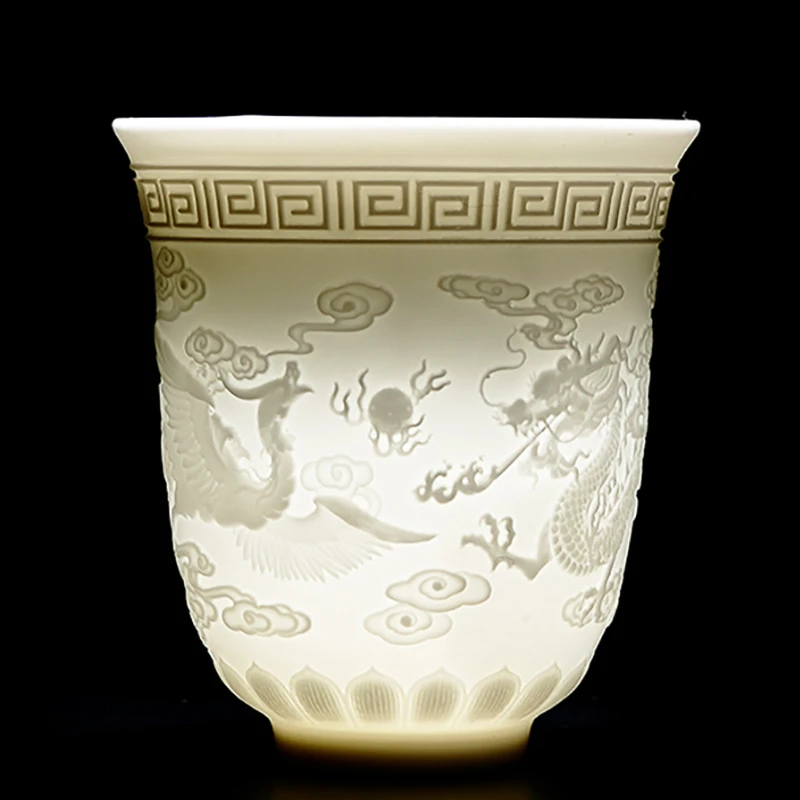 陶瓷浮雕龙凤主人杯茶杯家用陶瓷主人杯大号品茗杯白瓷杯大容量