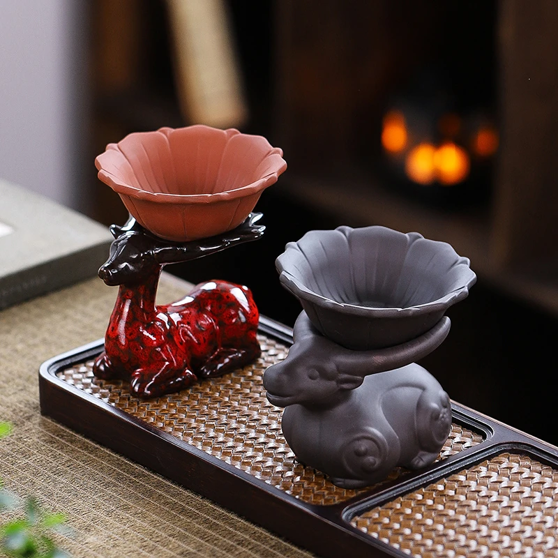 精品紫砂鹿过滤组茶宠摆件禅意功夫茶具创意精品陶瓷茶道茶漏架