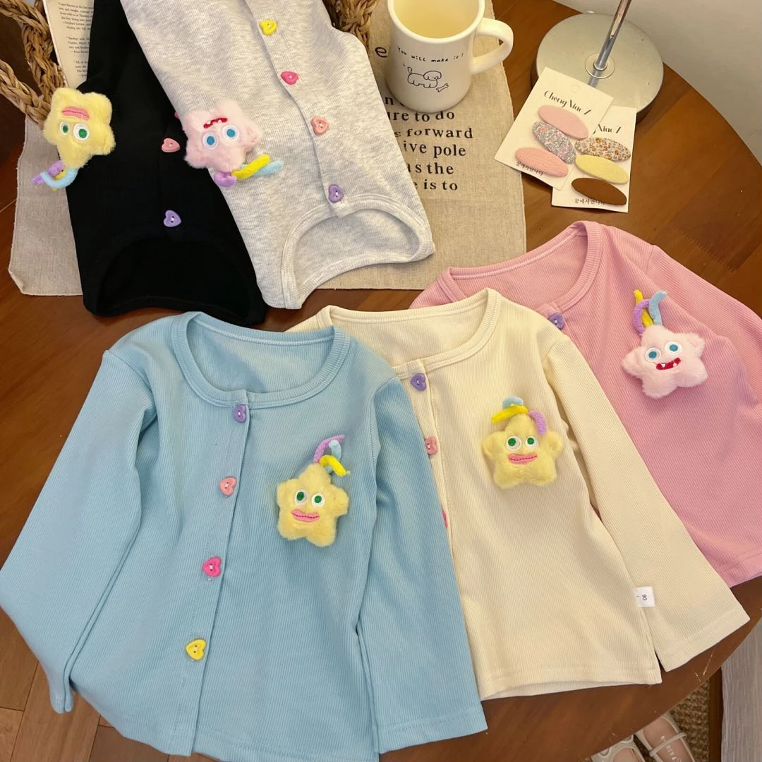 【立体玩偶】2025春季女童百搭开衫女宝糖果色洋气彩扣外套打底长袖