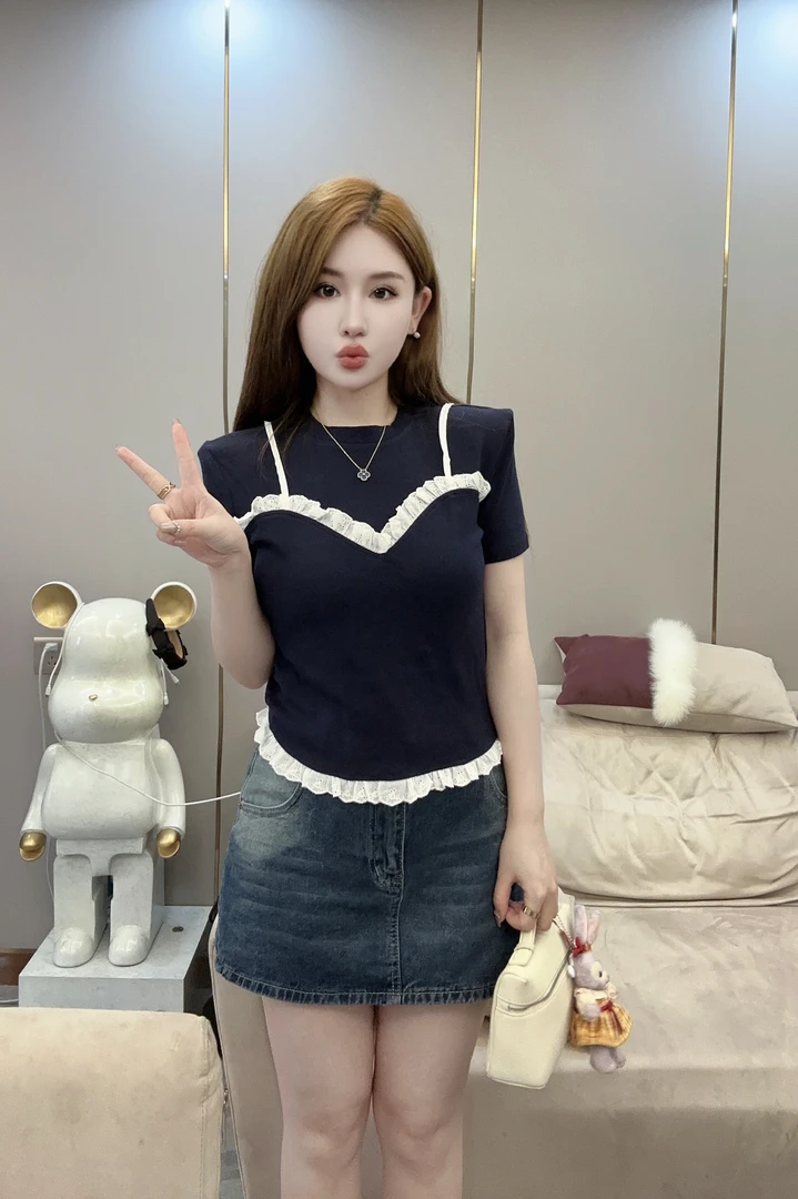 TJ！「夏日幻想」新款宝蓝色假两件蕾丝边修身百搭短袖