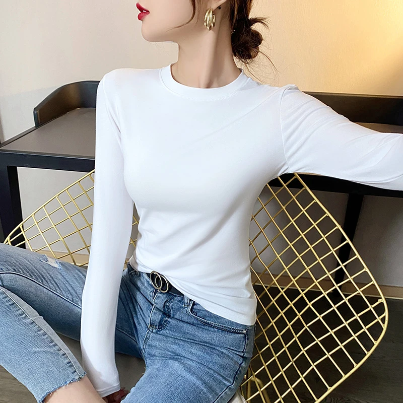 半高领长袖T恤春装女白色打底衫女紧身小众显瘦内搭上衣新款秋冬
