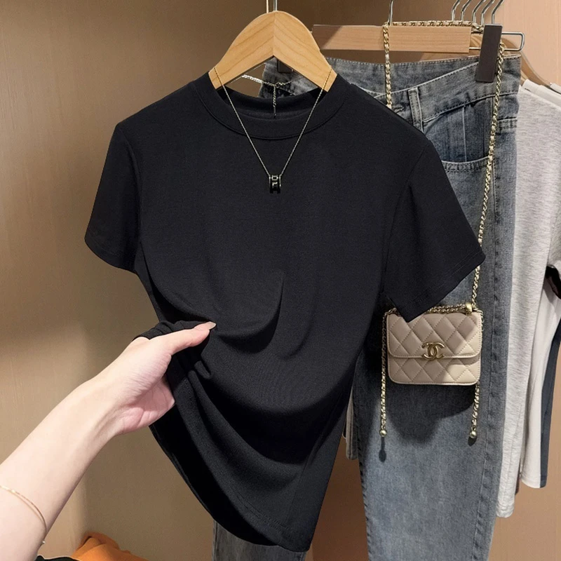 修身T恤女短袖黑色洋气小高领百搭上衣别致小个子内搭打底衫韩版