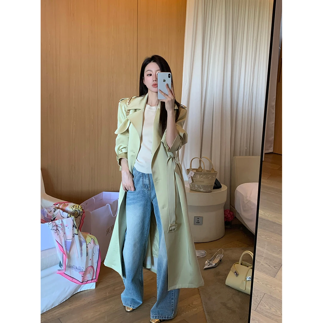 FORNI  萤火昭昭 气质缎面风衣外套中长款设计师翻领长外套