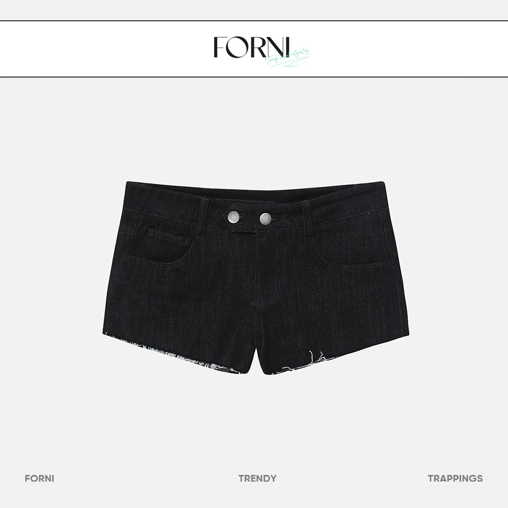 FORNI  胶着臆想 纯棉双扣低腰牛仔短裤时尚休闲潮流黑色