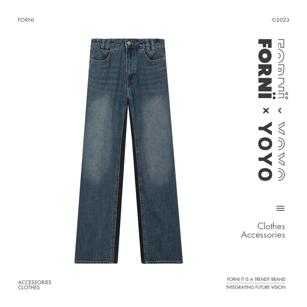 FORNI x YOYO 摆脱无趣 设计师款拼接双色宽松休闲显瘦牛仔裤