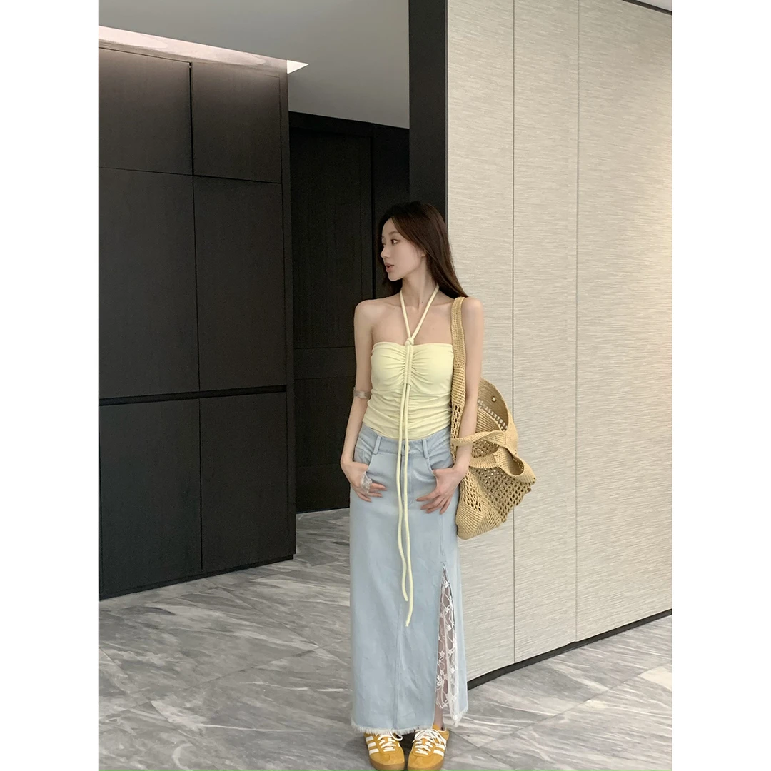 FORNI x YOYO 浪漫情话 轻奢气质拼蕾丝牛仔半裙时尚风显瘦半身裙