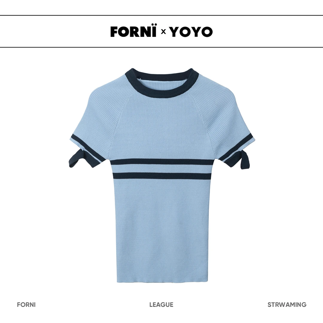 FORNI  一口气泡 撞色针织短袖显瘦短款时尚百搭修身设计感