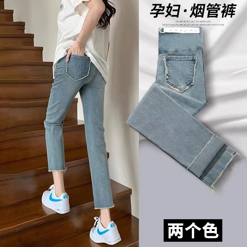 孕妇裤子时尚外穿小个子打底裤子高弹力直筒烟管裤春秋款牛仔裤