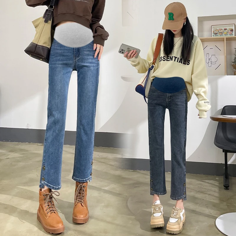 孕妇牛仔裤春秋外穿烟管裤九分直筒裤弹力小个子春秋微喇裤子