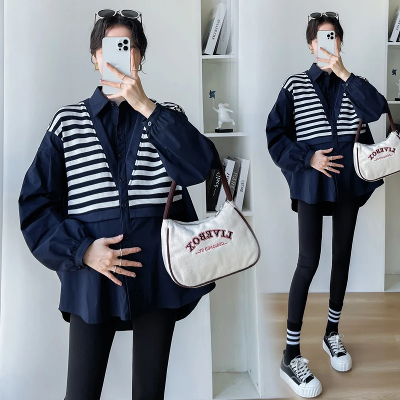 孕妇装新款春装条纹假两件长袖衬衣宽松大码潮妈上衣时尚韩版外穿