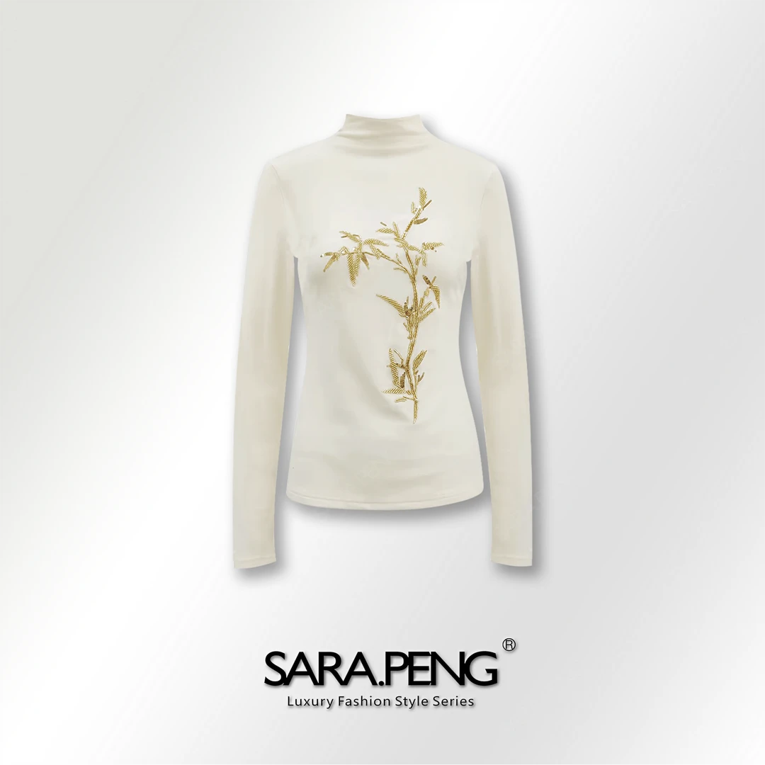 S.PENG冬日暖宝/高定半高领手工钉珠金竹报平安纯色时尚百搭上衣