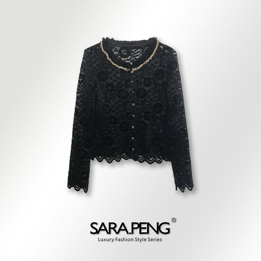 S.PENG甜美珠围/新款扎花手工剪边串珠领微透植绒修身显瘦衫上衣