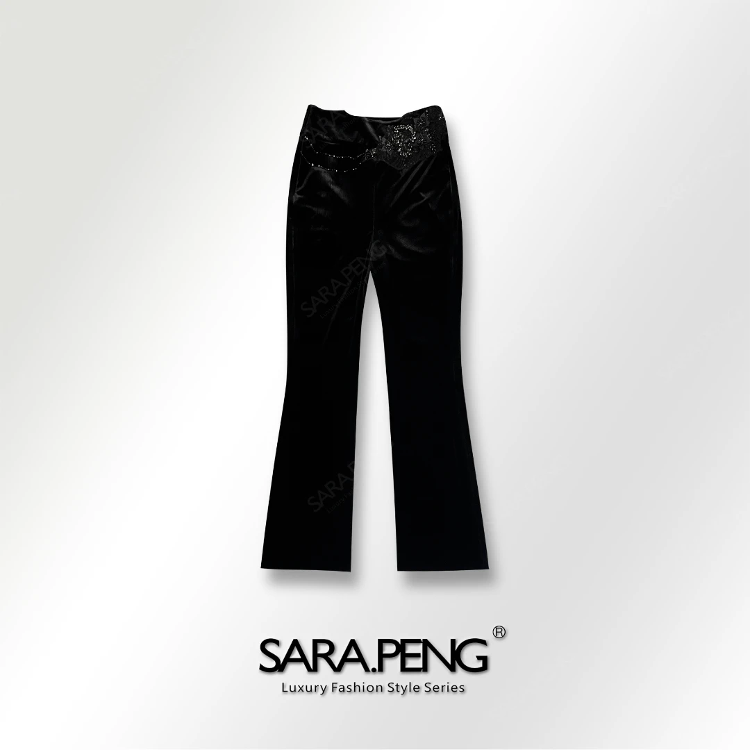 S.PENG女王礼遇/轻奢优雅重工进口绒手工串花珠百搭微喇休闲长裤