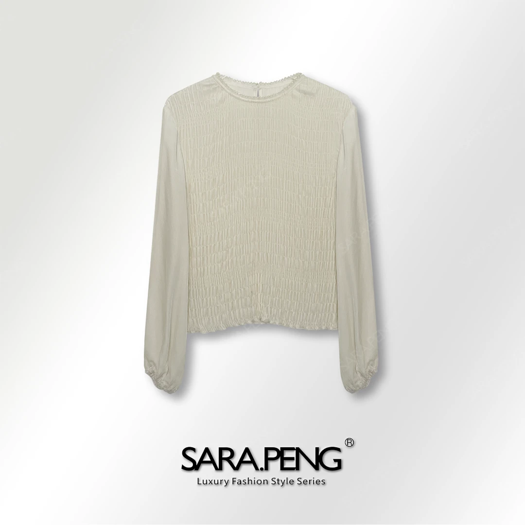 S.PENG珠魅美心/法式轻奢手工串珠圆领桑蚕丝丝绒拼接百搭款上衣