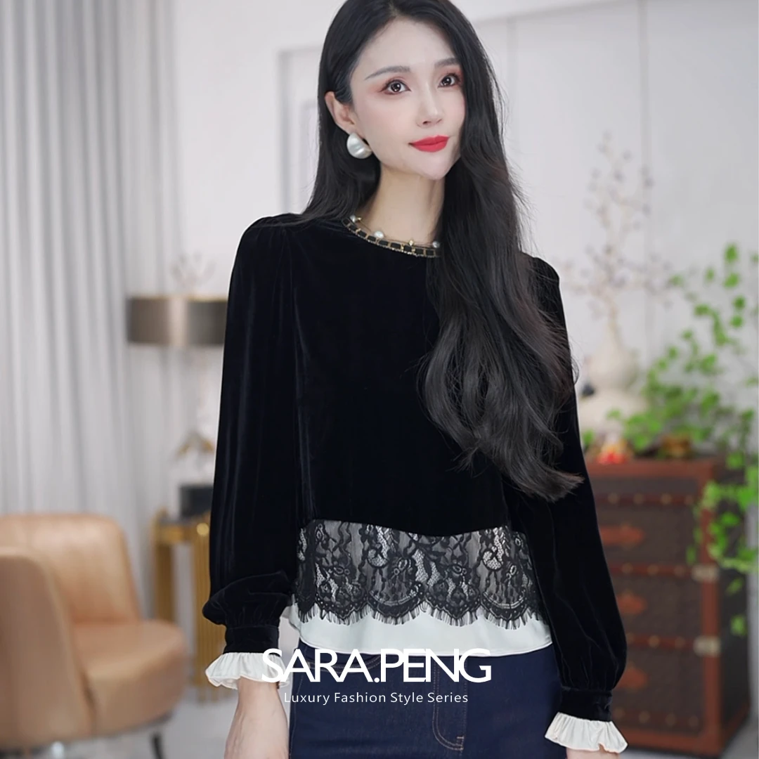 S.PENG丝绣美艳/法式桑蚕丝丝绒拼色蕾丝下摆气质百搭高贵感上衣