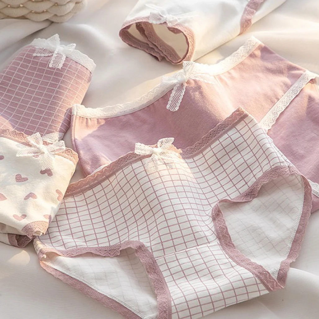 5条棉女士内裤棉档中腰低腰可爱少女蕾丝边学生初中生透气日系