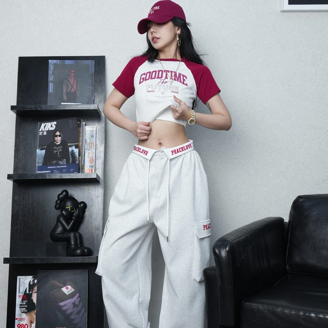 CBXLAB嘻哈hiphop新款白灰翻腰针织工装长裤潮ins休闲宽松款垂感