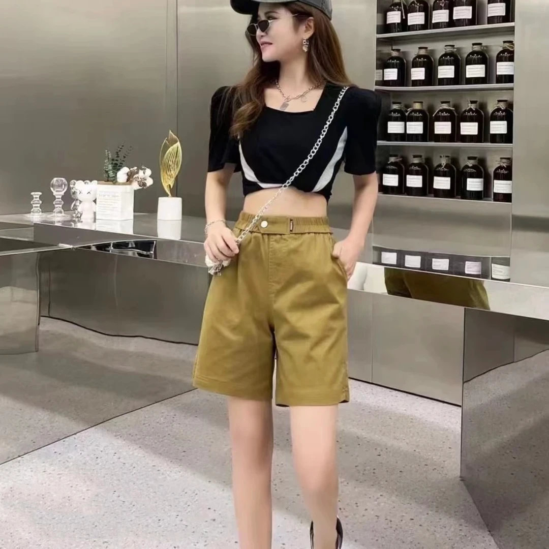 夏季薄款斜纹水洗棉五分裤女宽松大码a字百搭显瘦休闲短裤-一粒扣