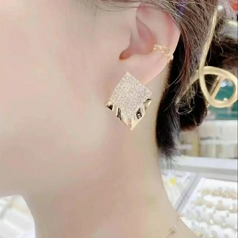 铜合金合成锆石耳饰 925银针双层菱形不规则时尚潮流个性耳钉129