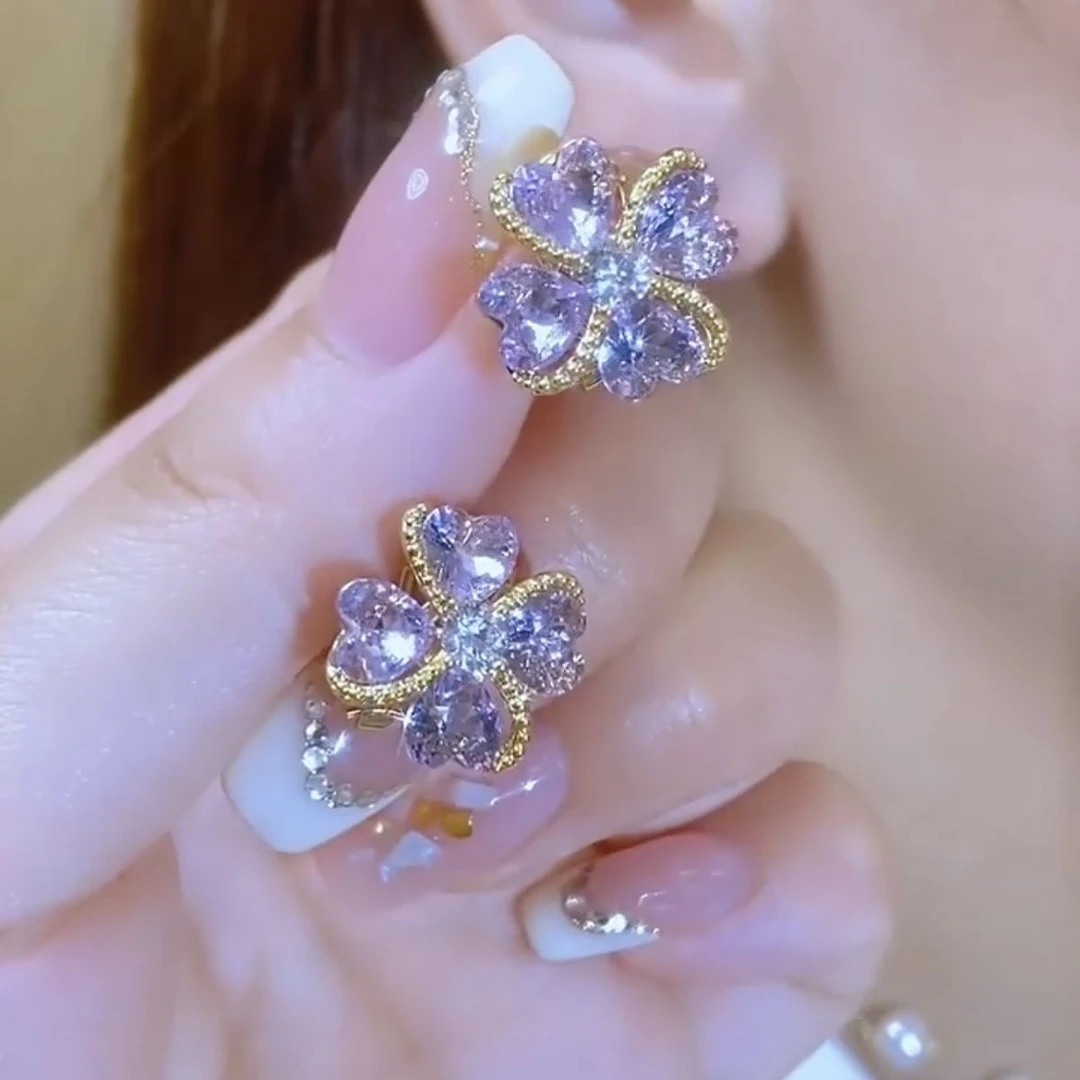 铜合金合成锆石耳饰 925银针耳钉四叶花-精致百搭不挑脸型46号