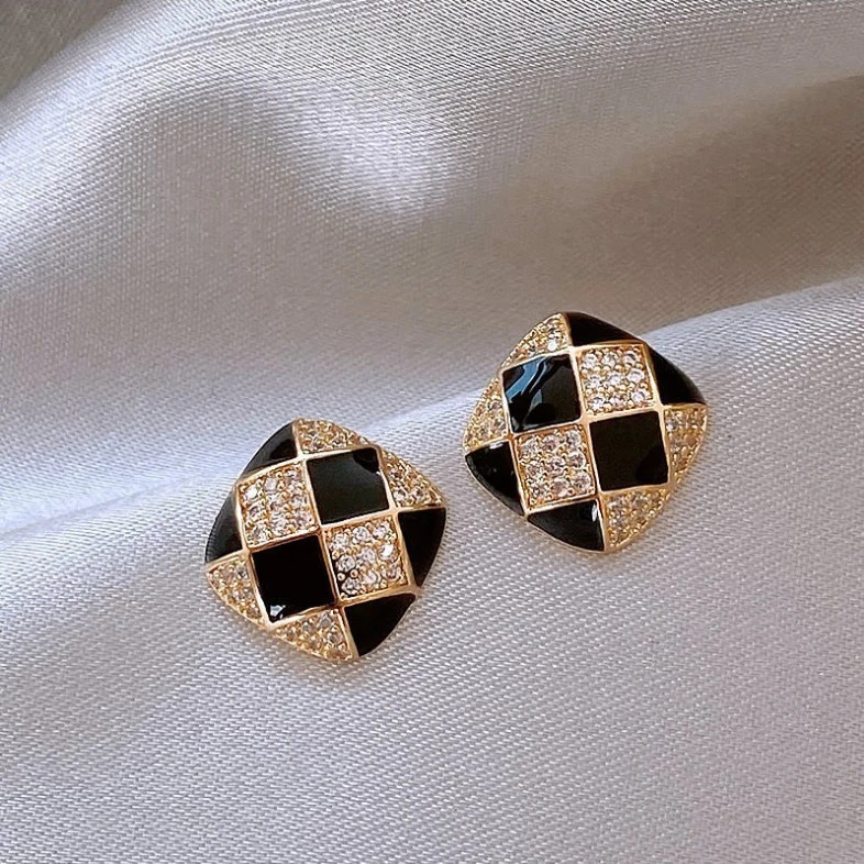 925银针耳环仿珍珠耳饰 棋盘格耳钉-47号