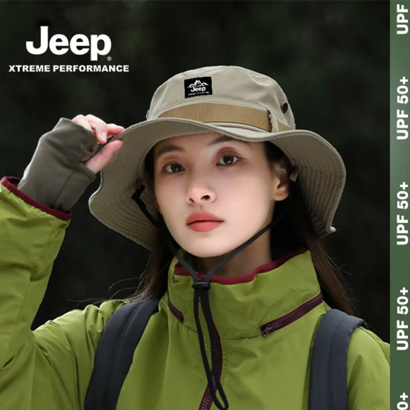JEEP户外登山徒步透气时尚百搭防晒帽大帽檐渔夫帽女士太阳帽防风