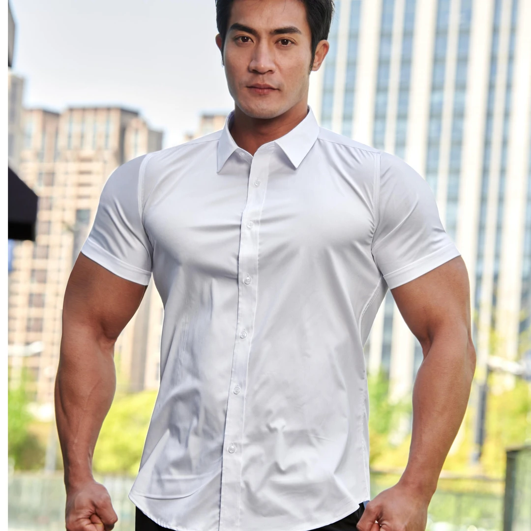 夏季显肌肉男衬衣衬衫短袖运动健身衣服修身弹性高弹力潮内搭免烫