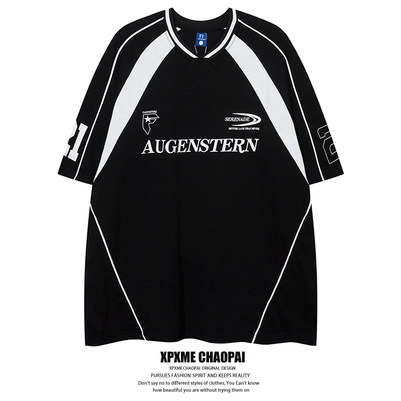 美式潮范ice机车风高街拼色条纹V领短袖T恤男女赛车休闲上衣撞色t