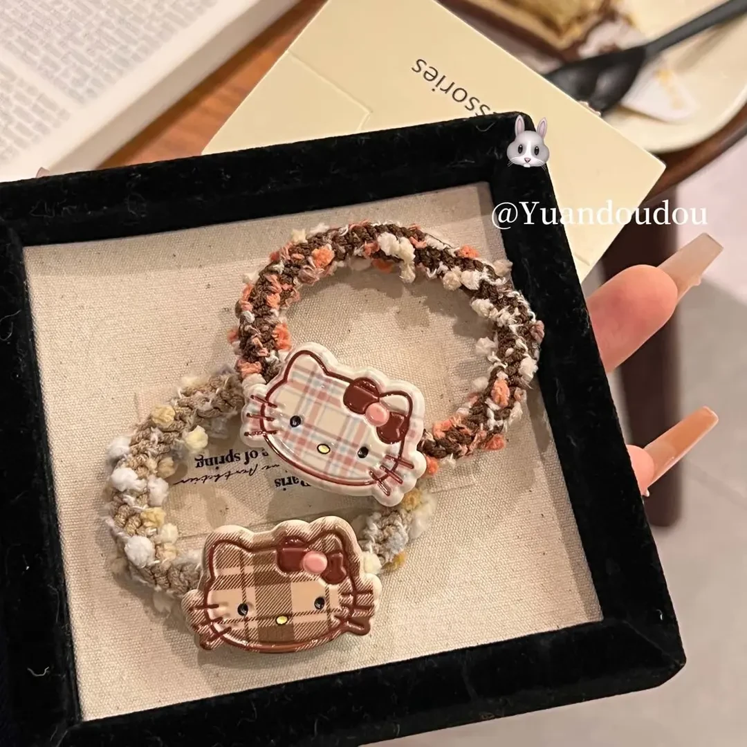 可爱卡通日系发圈咖色格纹kt猫头绳新款ins少女心简约百搭发饰