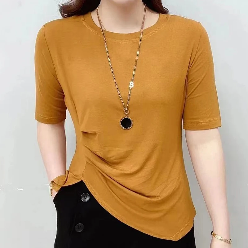 春夏新款中袖斜边打皱短袖T恤40-50岁妈妈装宽松圆领短袖百搭上衣