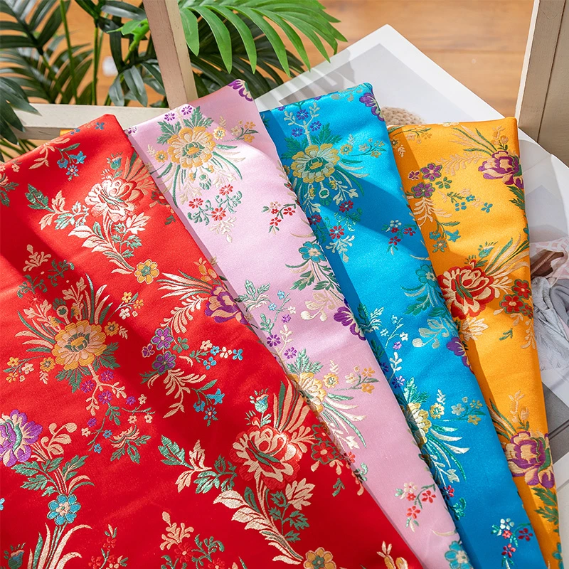 海棠花锦缎提花口金包包装民族服布料复古儿童新年服汉服布料旗袍