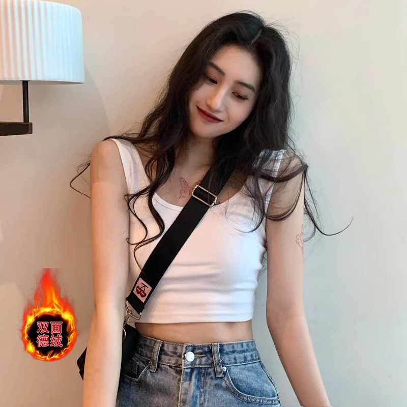 白色吊带小背心女内搭修身显瘦外穿加绒加厚打底露背辣妹短款上衣