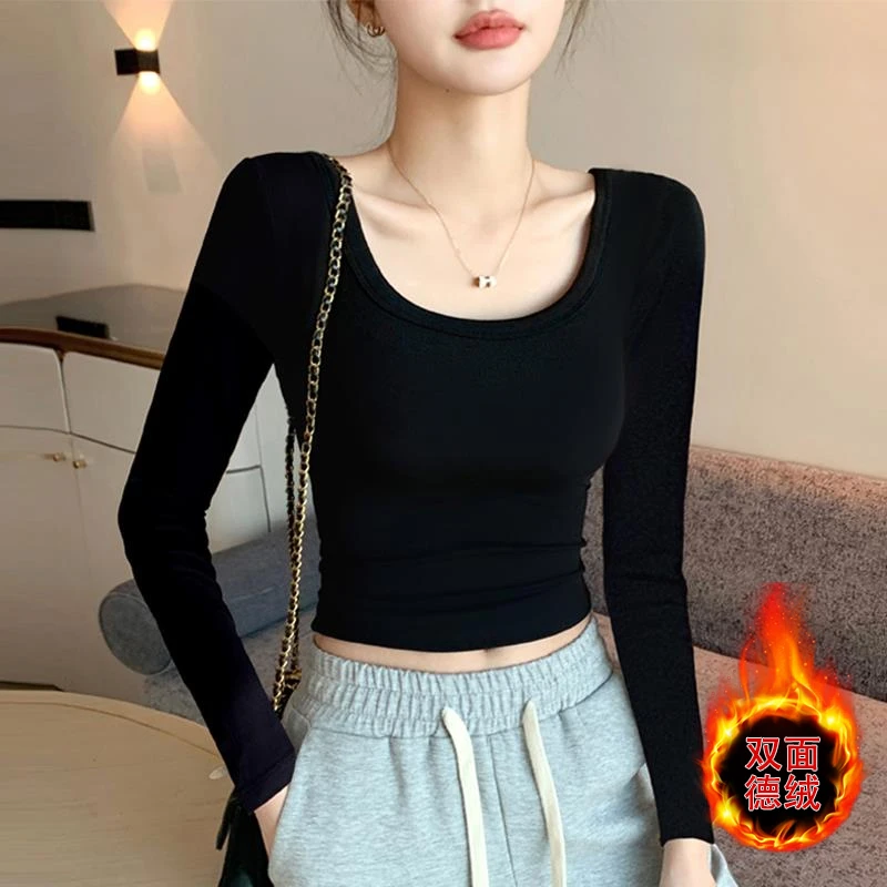 黑色圆领短款加绒加厚打底衫女内搭秋冬修身高腰修身长袖t恤上衣