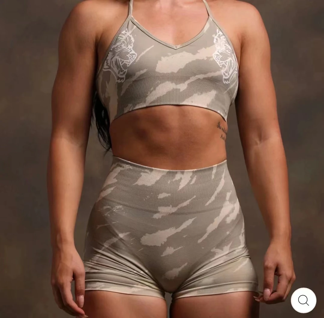 TTwolves无缝针织欧美健身狼头仙人掌灰斑马高腰短裤背心文胸套装