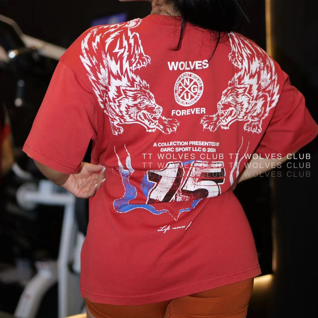 TTWOLVES水洗做旧狼头定织全棉宽松透气男女同款健身运动短袖T恤