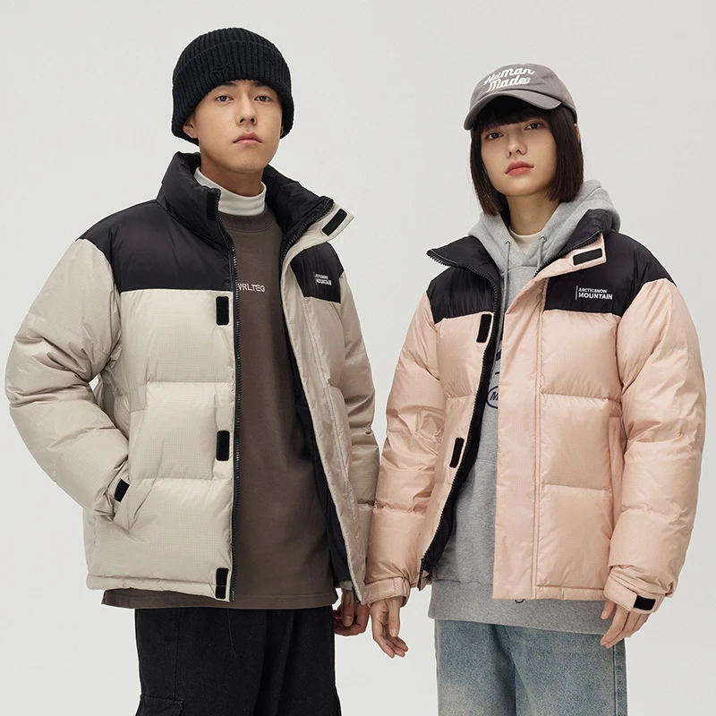 2023冬季男士短款羽绒服宽松立领潮流时尚大码休闲情侣拼接上衣