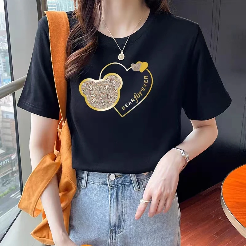 【新品】短袖t恤女时尚新款爆款精梳棉女T恤休闲透气显瘦印花短袖