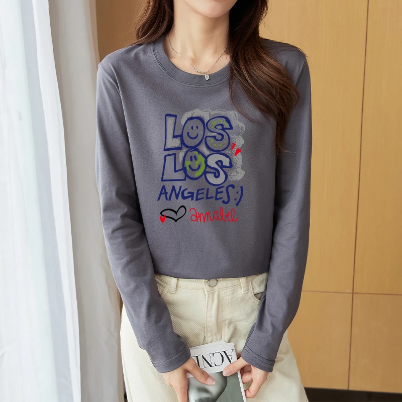 【秋季新品】2023春秋新款长袖百搭显瘦T恤女印花t恤上衣圆领打底