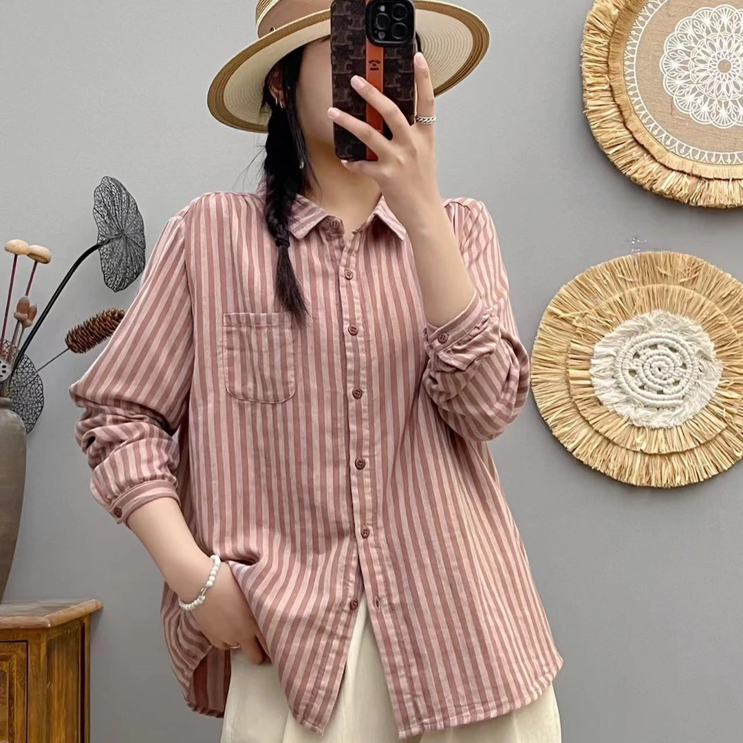 复古文艺双层棉纱衬衫秋季新款显瘦百搭长袖时尚纯棉女士衬衫