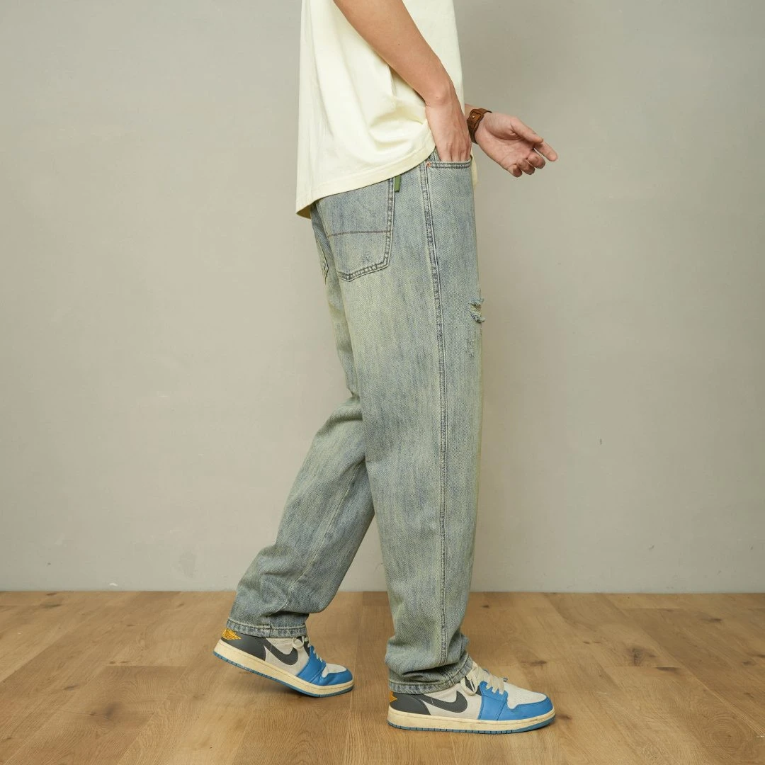 【宽松直筒】春季新款日系复古做旧重工水洗街头破洞牛仔长裤男时尚