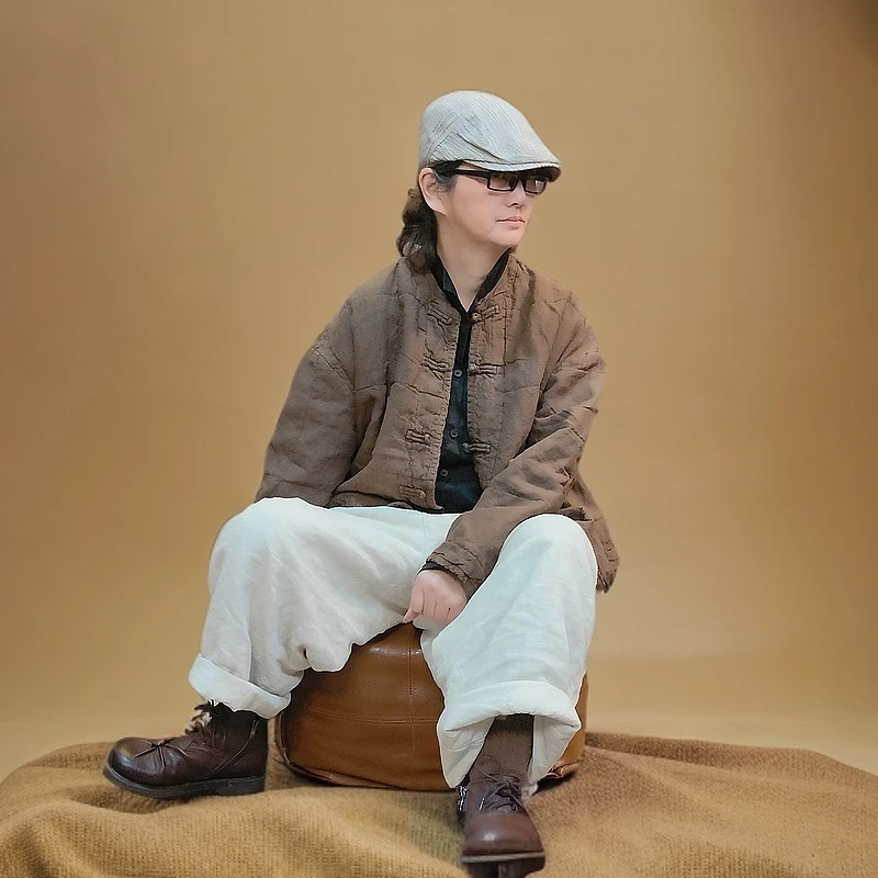 YYGG女【亚麻双行线盘扣薄棉服】24冬亚麻设计双行线盘扣棉服24259