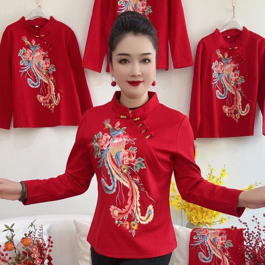 民族风女装上衣秋冬立领盘扣绣花复古国风打底衫