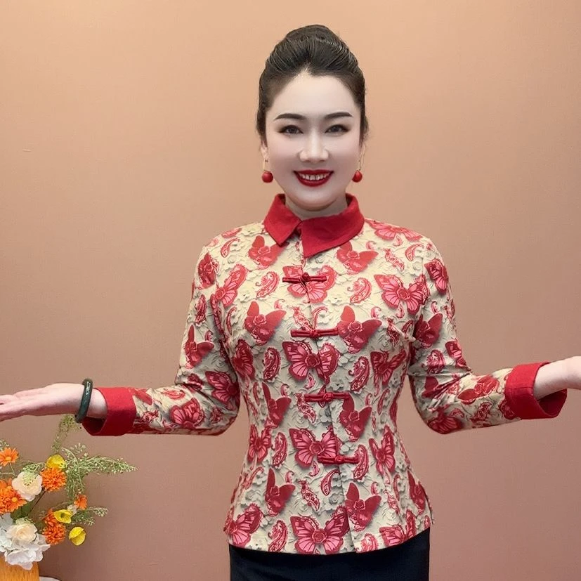 秋冬新款保暖复古盘扣旗袍上衣中老年妈妈时尚洋气民族风上衣