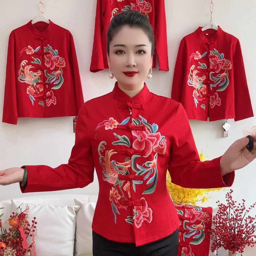 2024新款秋冬民族风妈妈上衣复古民族风刺绣盘扣唐装国风外套